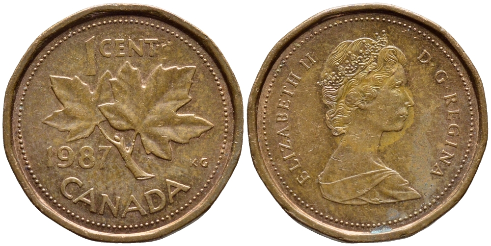 Канада 1 цент 1987 Елизавета II (1952-2022), кленовый лист KM 132 бронза 4396-435