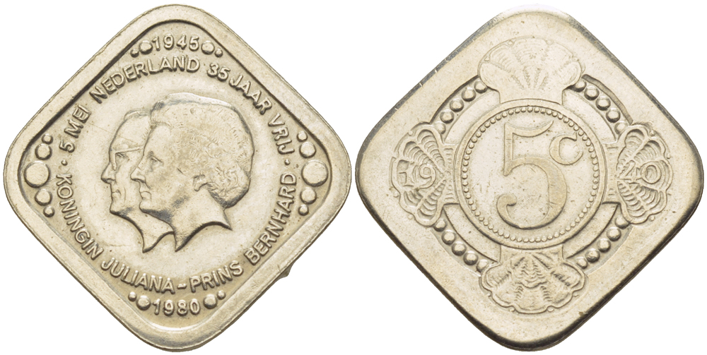 Нидерланды жетон 5 центов 1980 35 лет победы, 5 мая 1945, КОРОЛЕВА ВИЛЬГЕЛЬМИНА И КОРОЛЕВА ЮЛИАНА медно-никель 85-1151