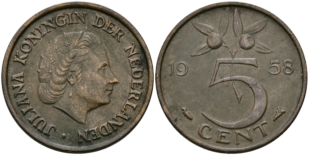 НИДЕРЛАНДЫ 5 ЦЕНТОВ 1958 ЮЛИАНА KM 181 бронза 95-336