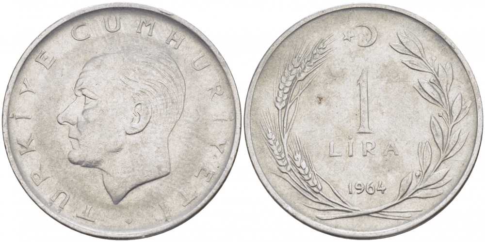 Турция 1 лира 1964 Мустафа Кемаль Ататюрк KM 889а.1 нержавеющая сталь 4529-1245