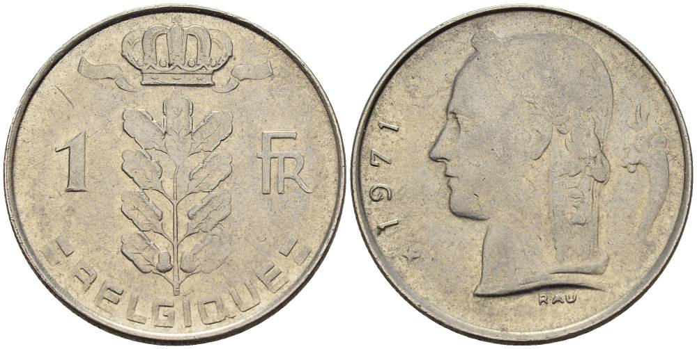 БЕЛЬГИЯ 1 ФРАНК 1971 BELGIQUE KM 142.1 медно-никель 4546-511
