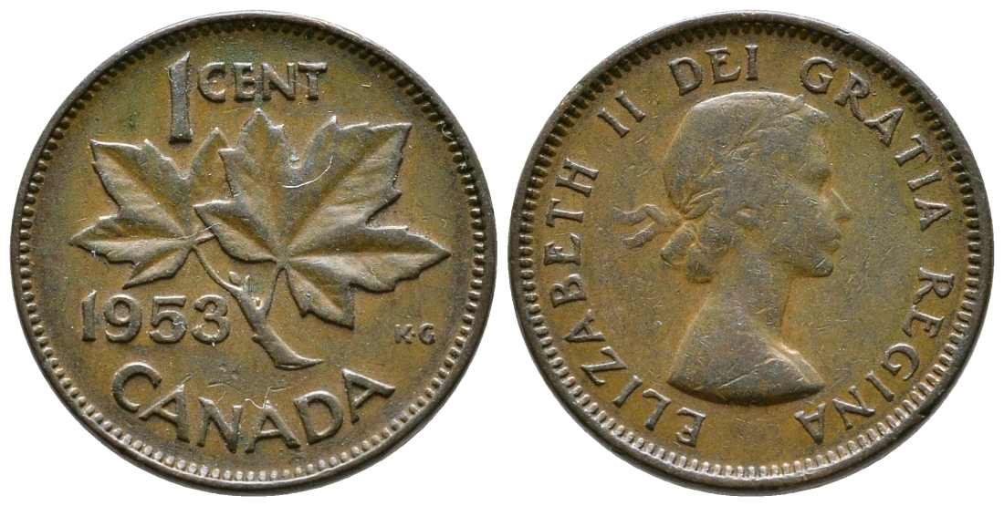 КАНАДА 1 ЦЕНТ 1953 КЛЕНОВЫЙ ЛИСТ, ЕЛИЗАВЕТА II KM 49 бронза 46-2538