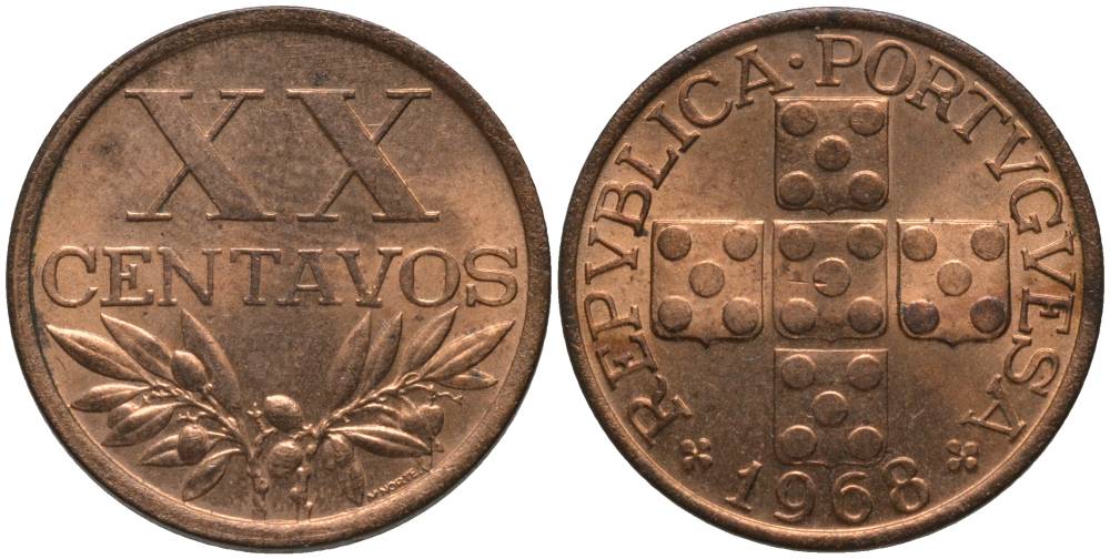 ПОРТУГАЛИЯ 20 СЕНТАВО 1968 KM 584 бронза UNC 181-343