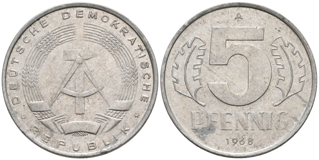 ГДР 5 пфеннигов 1968 А KM 9.1 алюминий 4564-1035
