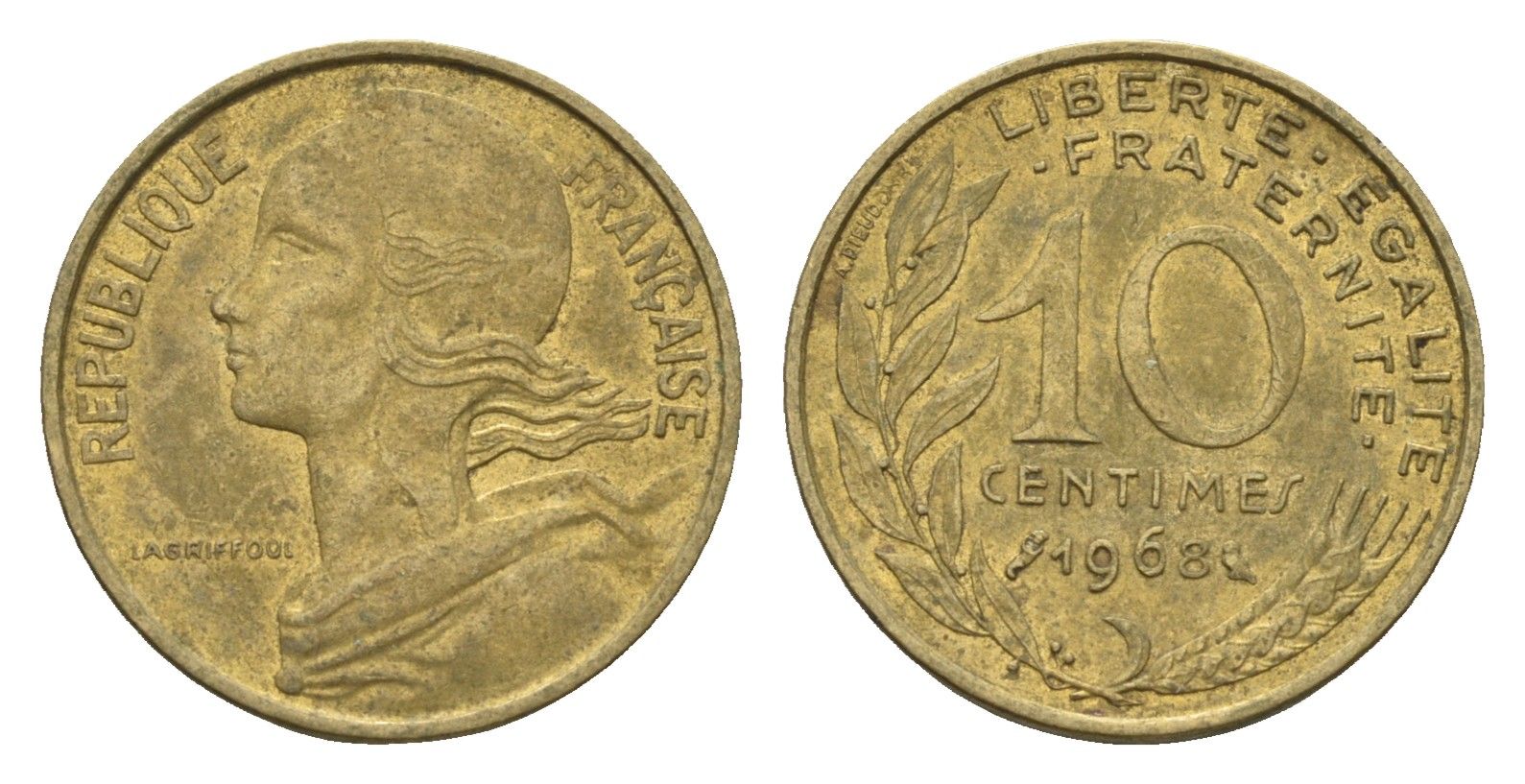 Франция 10 сантимов 1968 KM 929 алюминиевая бронза 4674-561