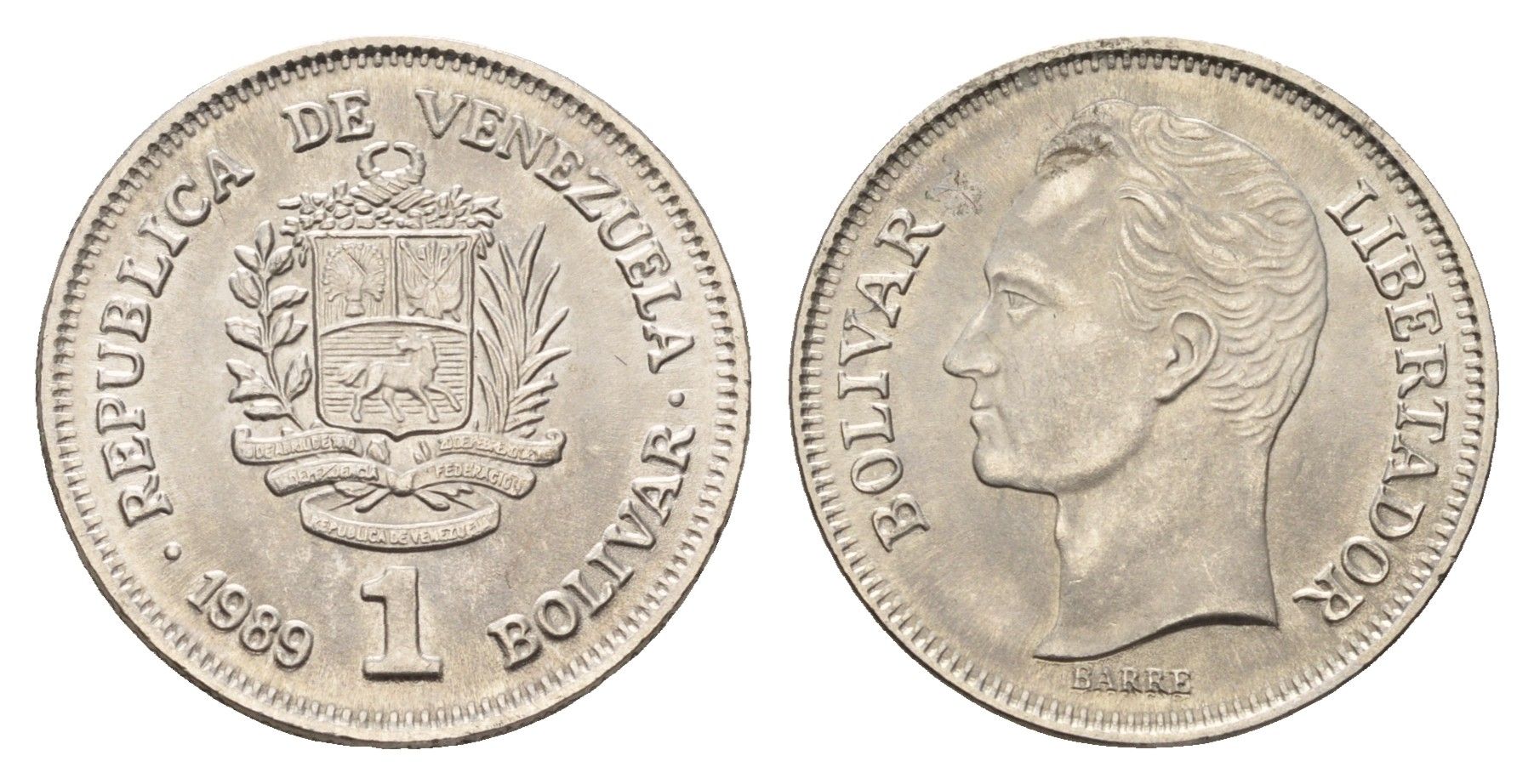 Венесуэла 1 боливар 1989 Y 52a сталь плакированная никелем UNC 27-537