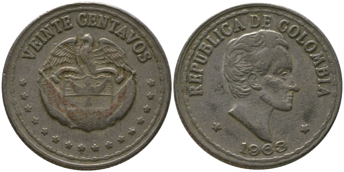 Колумбия 20 сентаво 1963 KM 215.2 медно-никель 4529-644
