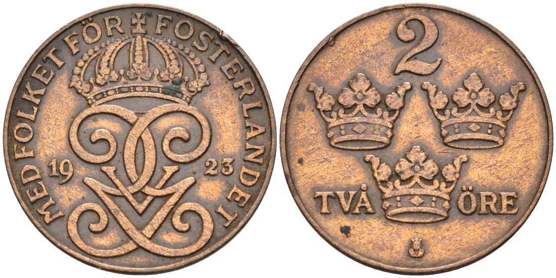 Швеция 2 эре 1923 Густав V (1907-1950), редкий год KM 778 бронза 190-855