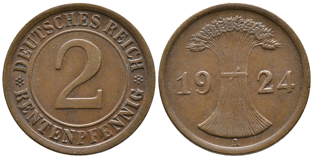 ГЕРМАНИЯ 2 РЕНТЕНПФЕННИГА 1924 A KM 31, J. 307 бронза 24-646