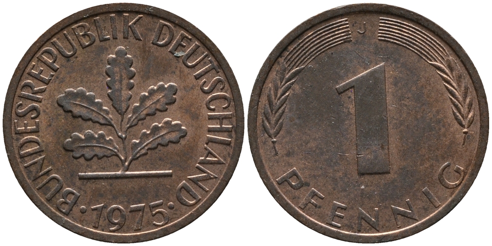 ФРГ 1 пфенниг 1975 J KM 105, J.380 сталь плакированная медью 99-332