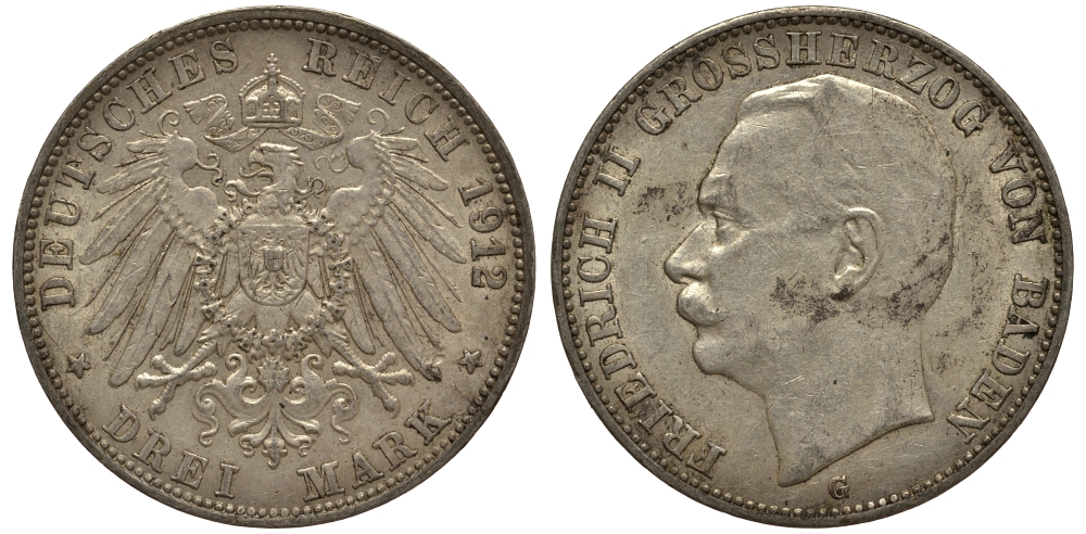 Баден 3 марки 1912 Фридрих II (1907-1918) J. 39, KM 280 серебро    3711-1725