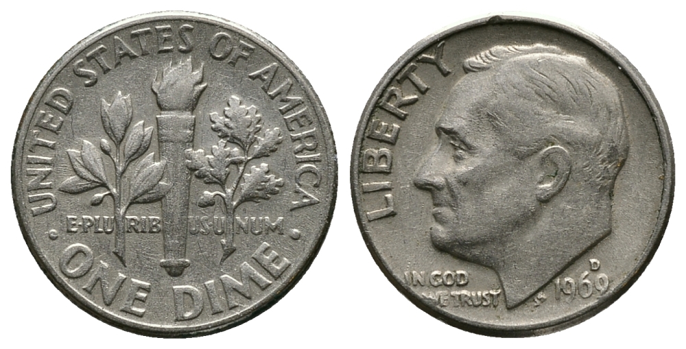 США 10 ЦЕНТОВ = 1 ДАЙМ 1969 D, РУЗВЕЛЬТ KM 195а медь плакированная медно-никелем 89-634
