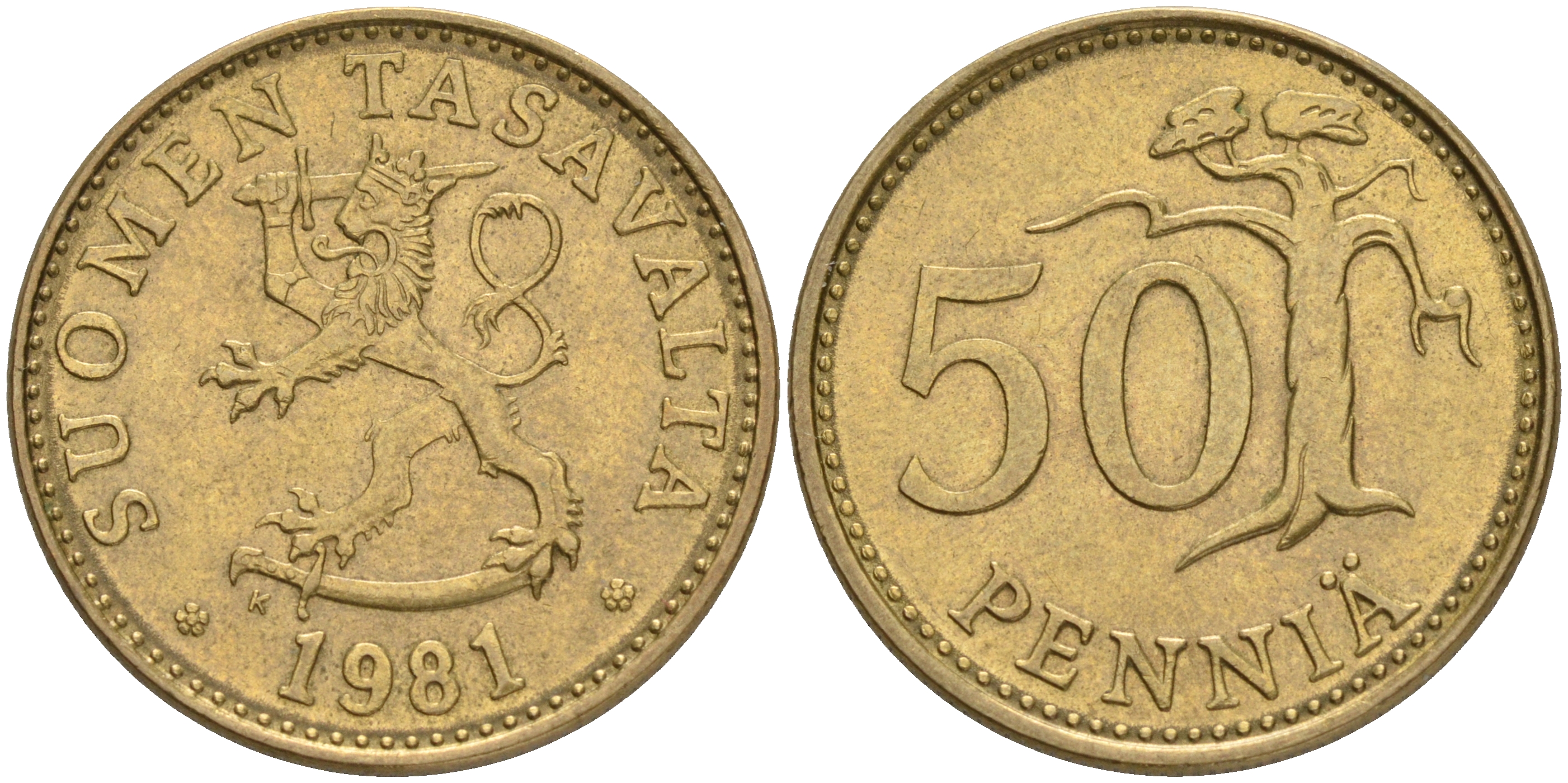 ФИНЛЯНДИЯ 50 ПЕННИ 1981 K KM 48 алюминиевая бронза 4556-221