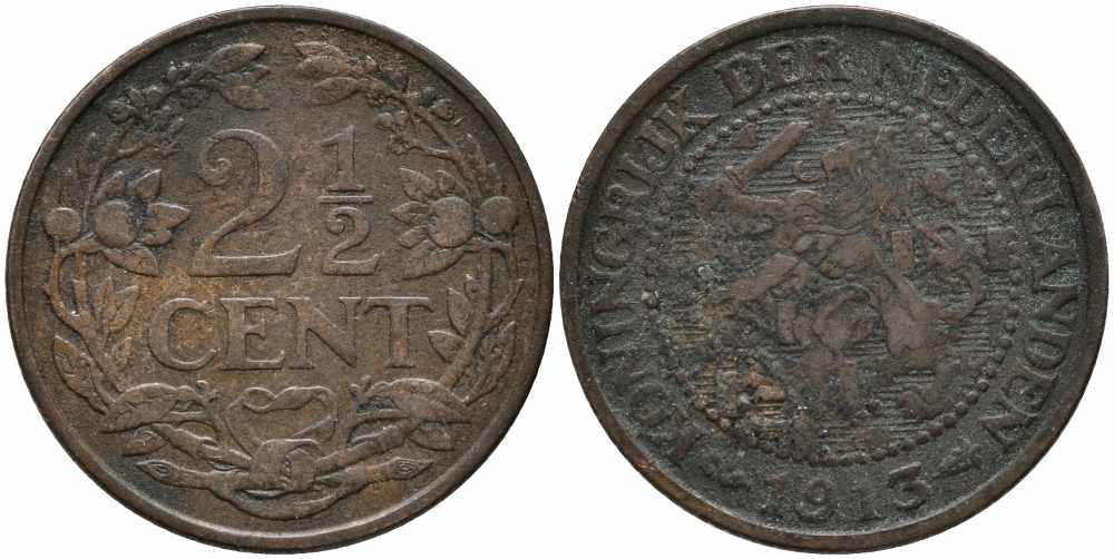 НИДЕРЛАНДЫ 2 1/2 ЦЕНТА 1913 ВИЛЬГЕЛЬМИНА (1890-1948) KM 150 бронза 113-217