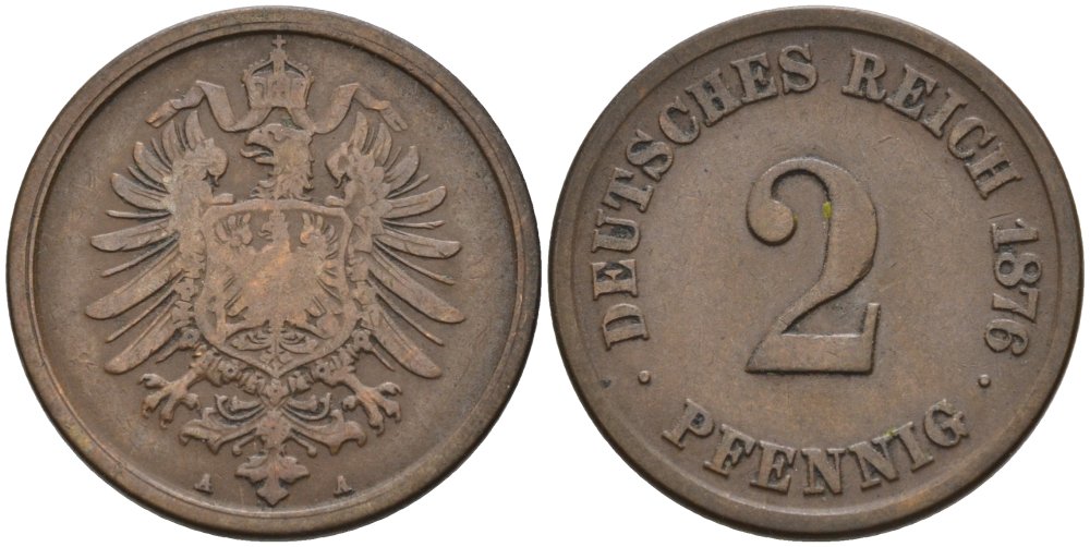 Германия 2 пфеннига 1876 A, старогербовка KM 2, J. 2 медь 4575-713
