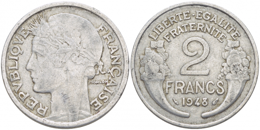 Франция 2 франка 1948 KM 886а.1 алюминий 4402-947