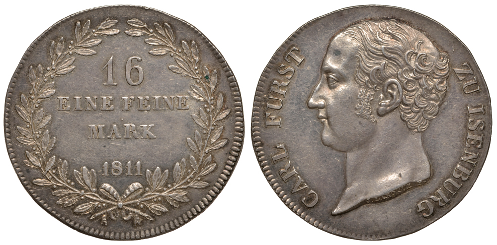 Изенбург 1 талер (16 марок) 1811 Карл Фридрих (1806-1815) AKS 2; Dav. 723; Kahnt 278; Thun 210 серебро 10-010-31
