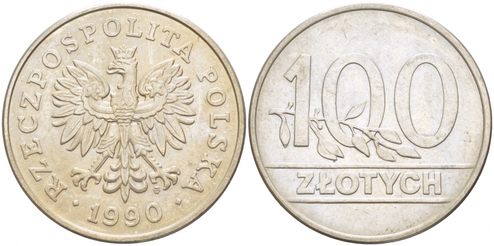 Польша 100 злотых 1990 MW, Демократическая Республика KM 214, Parchimowicz 602 медно-никель UNC 4403-531