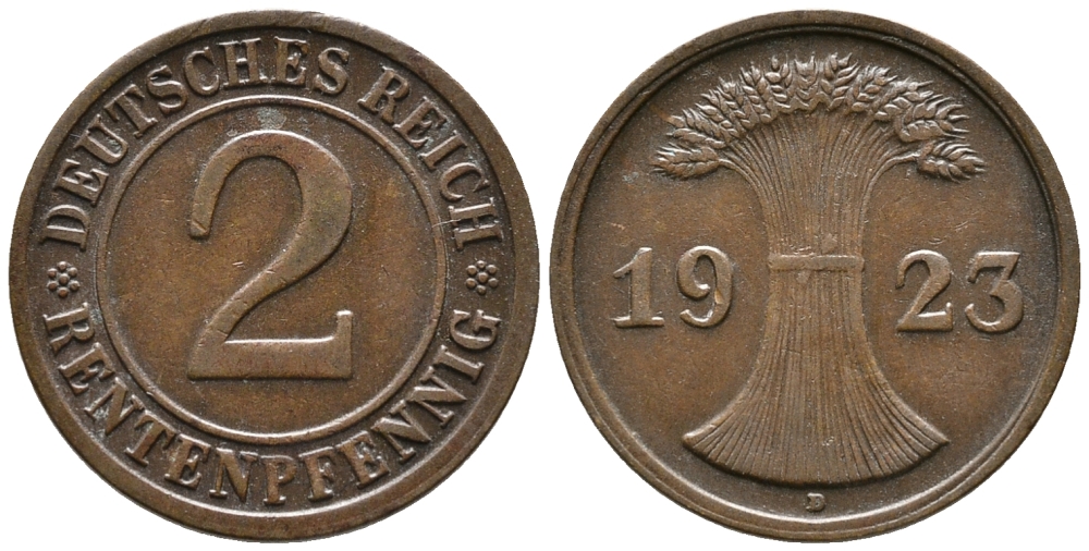 ГЕРМАНИЯ 2 РЕНТЕНПФЕННИГА 1923 D KM 31, J. 307 бронза 24-413