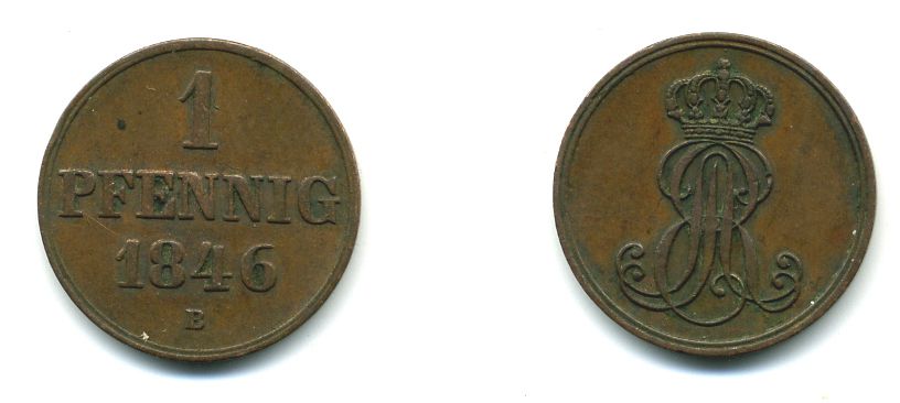 Ганновер 1 пфенниг 1846 B, Эрнст Август (1837-1851) KM 201.1, AKS 129, J. 74 медь 35-831