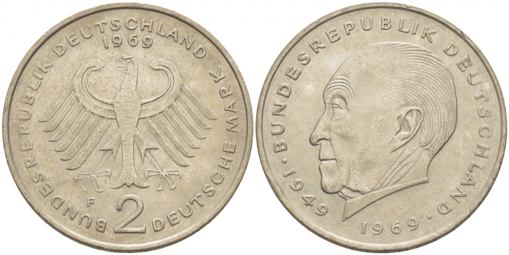 ФРГ 2 МАРКИ 1969 F, КОНРАД АДЕНАУЭР KM 124, J. 406 медно-никель плакированный никелем плакированный никелем 3996-612
