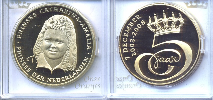 НИДЕРЛАНДЫ МЕДАЛЬ ND 5 ЛЕТ ПРИНЦЕССЕ НИДЕРЛАНДОВ КАТАРИНЕ-АМАЛИИ 2003-2008 бронза, позолота PROOF 5-3-1-82