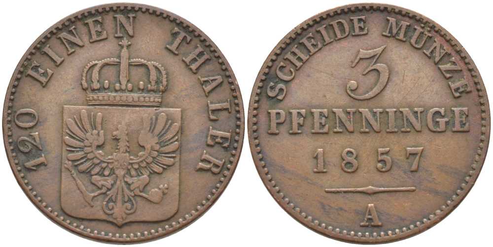 ПРУССИЯ 3 ПФЕННИГА 1857 А, ФРИДРИХ ВИЛЬГЕЛЬМ (1840-1861) KM 453 медь 117-1044