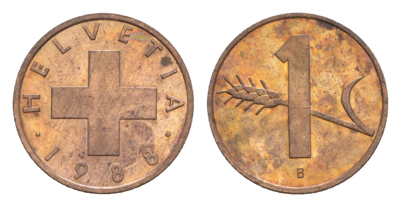 Швейцария 1 раппен 1988 B KM 46 бронза UNC 4611-639