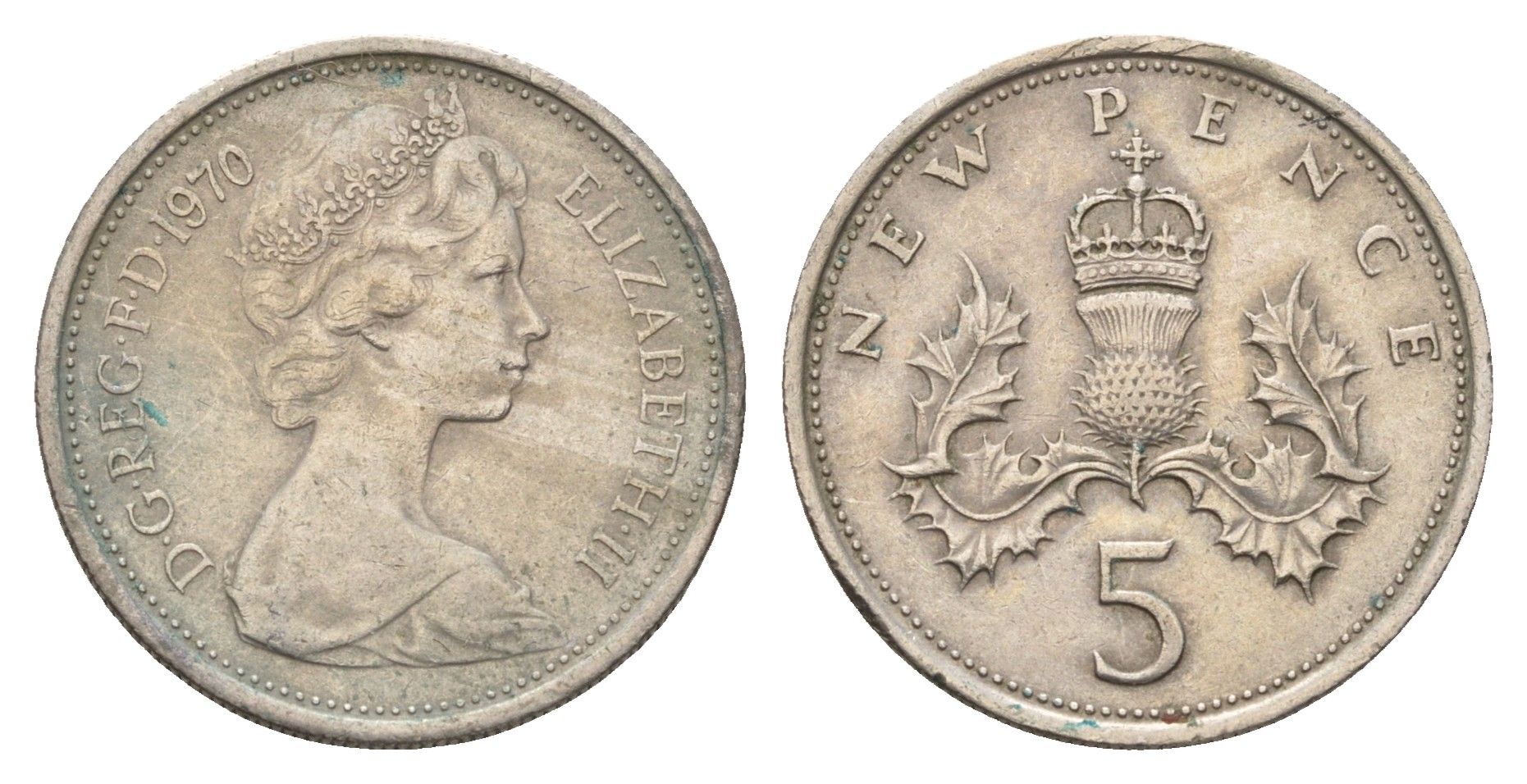 Великобритания 5 пенсов 1970 Елизавета II (1952-2022) KM 911, Spink 4233 (D1) медно-никель 4671-1157