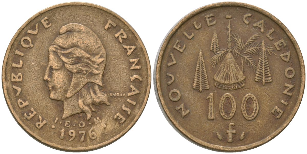 Французская Новая Каледония 100 франков 1976 R·JOLY (с точкой), хижина среди сосен и пальм, (IEOM) KM 15, Schoen 16, Lec 130 никель латунь 4137-634