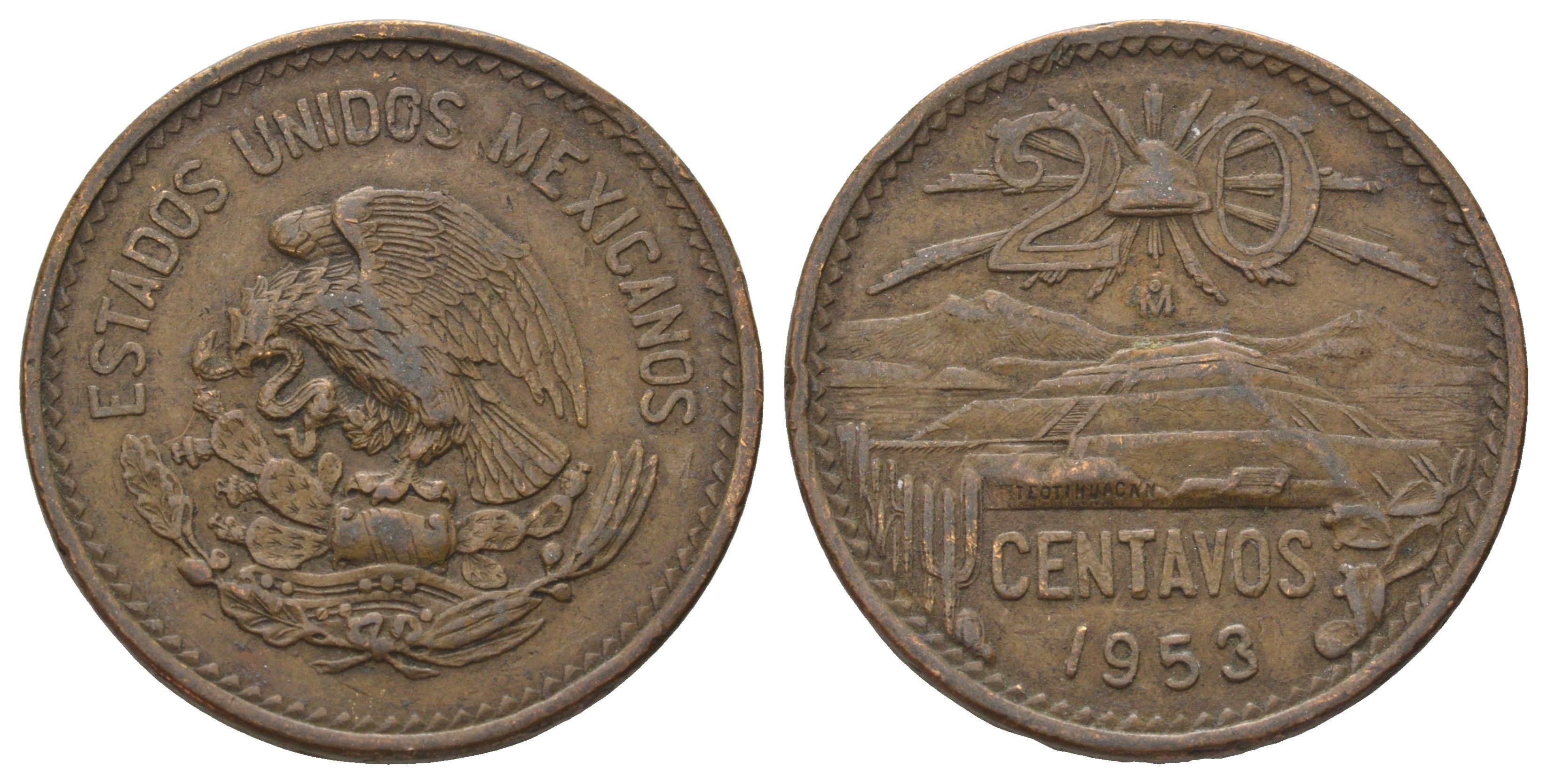 Мексика 20 сентаво 1953 KM 439 бронза 4597-1255