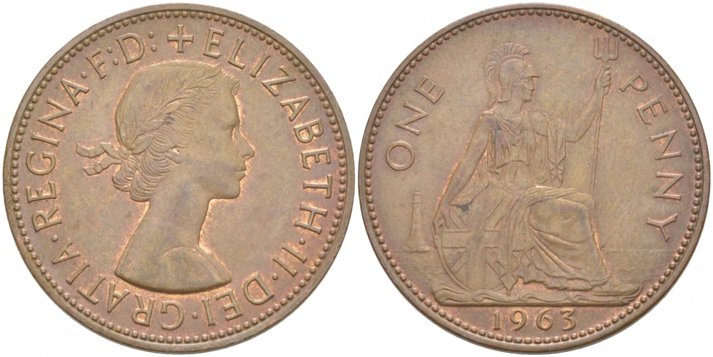 Великобритания 1 пенни 1963 Елизавета II (1952-2022) KM 897, Spink 4157 бронза 215-336