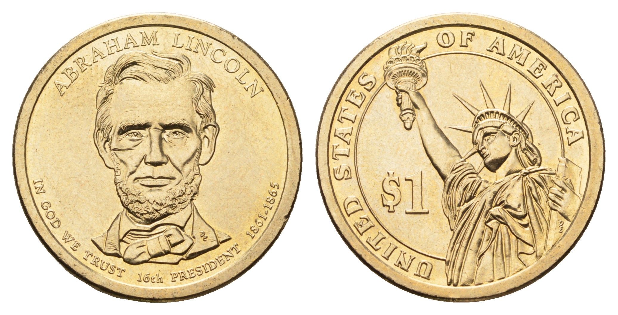 США 1 доллар 2010 P, Президент США - Авраам Линкольн (1861-1865) KM 478 медь с марганцево-латунным покрытием UNC 4624-612