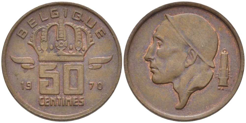 БЕЛЬГИЯ 50 САНТИМОВ 1970 BELGIQUE, БОДУЭН I (1951-1993) KM 148.1 бронза 116-1023