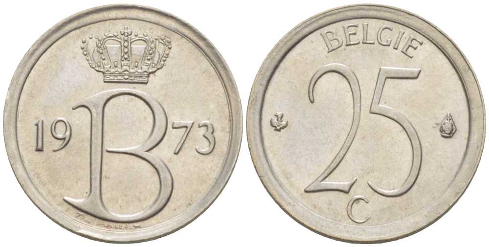 БЕЛЬГИЯ 25 САНТИМОВ 1973 BELGIE, БОДУЭН I (1951-1993) KM 154.1 медно-никель 214-153