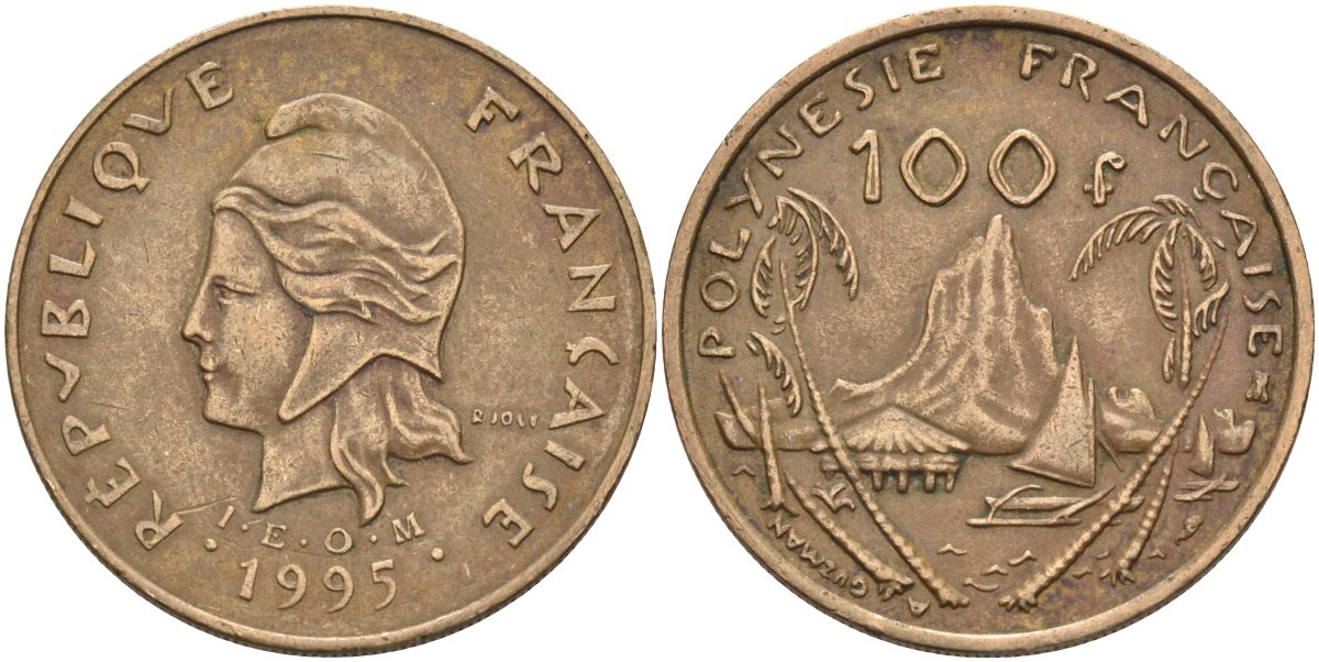 Французская Полинезия 100 франков 1995 KM 14 никель-бронза 4131-1034