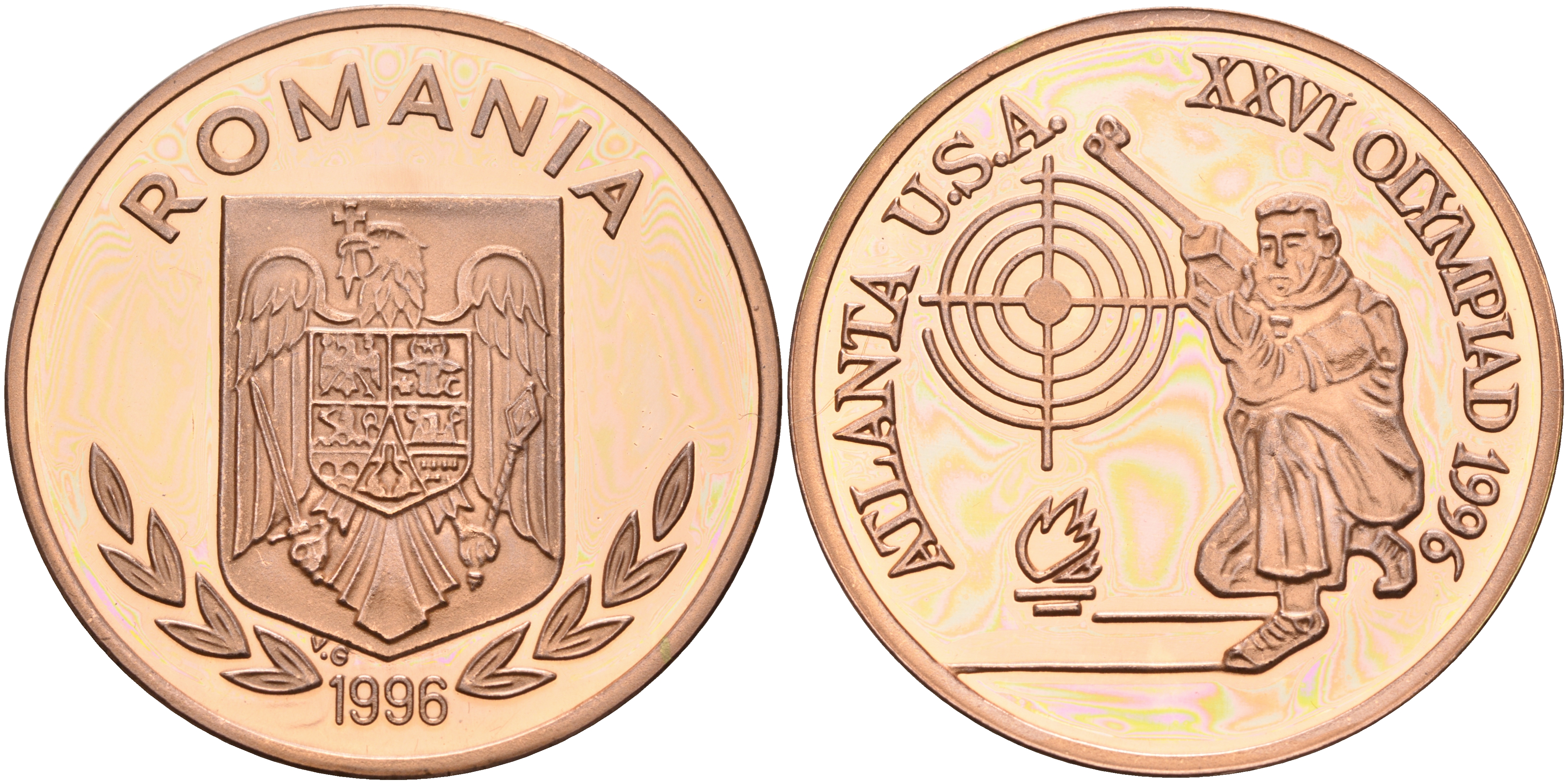 Румыния 100 леев 1996 XXVI Олимпийские игры 1996 года в Атланте, 100 лет Олимпийскому движению, стрельба, пробный выпуск, пифорт  медь  PROOF  1525-1313