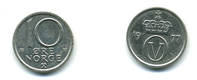 Норвегия 10 эре 1977 Улаф V (1957-1991) KM 416 медно-никель 4364-941