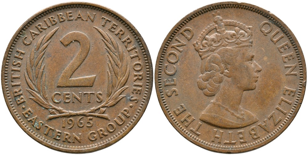 Британские Восточно-Карибские территории 2 цента 1965 Елизавета II (1952-2022) KM 3 бронза 4531-1242