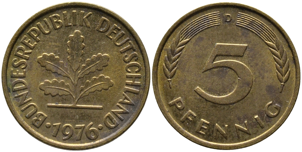 ФРГ 5 пфеннигов 1976 D KM 107, J.382 сталь плакированная латунью 99-112
