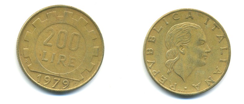 Италия 200 лир 1979 R, шестерня KM 105 алюминиевая бронза 80-1253