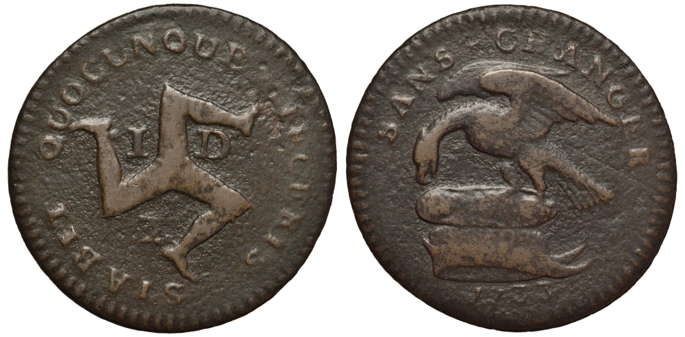 ОСТРОВ МЭН 1 ПЕННИ 1733 EARL OF DERBY, ДЖ. СТЕНЛИ 10-Й ГРАФ ДЕРБИ KM 3 медь 650-133