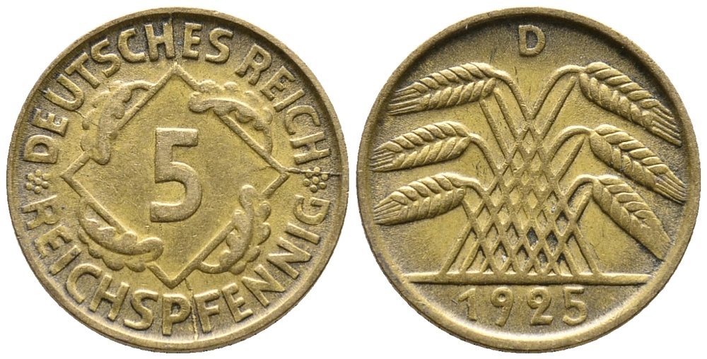 Германия 5 рейхспфеннигов 1925 A KM 39, J. 316, Weege 7 алюминиевая бронза 39-542