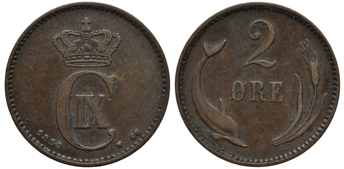 Дания 2 эре 1892 CS, Кристиан IX (1863-1906), редкий год KM 793.1 бронза 4114-531