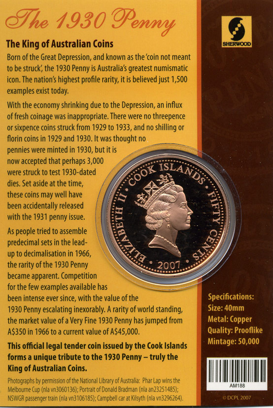Острова Кука 50 центов 2007 Австралия 1 пенни 1930 года, в оригинальном буклете медь PROOF 4-5-1-11