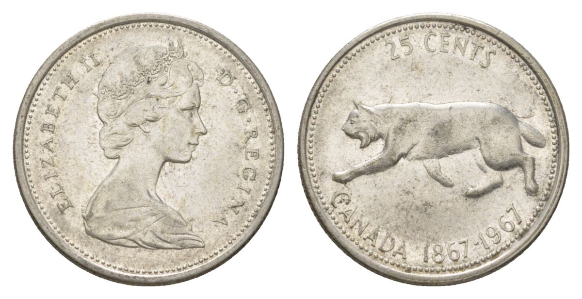 Канада 25 центов 1967 пума, 100 лет Конфедерации Канада, Ссеребро 0.800, вес 5,83 гр, диаметр 23,88 мм KM 67 серебро 4622-924