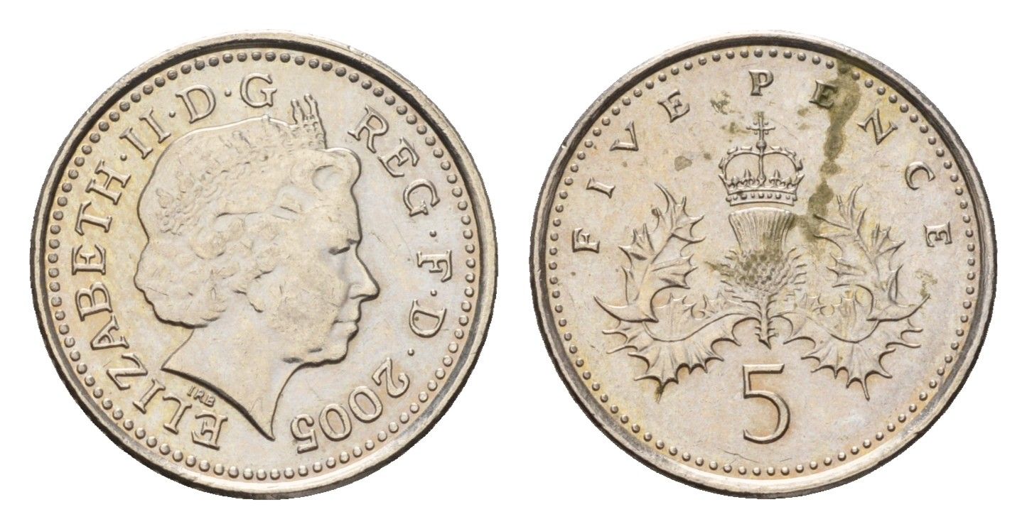 Великобритания 5 пенсов 2005 Елизавета II (1952-2022) KM 988, Spink 4670 (D5) медно-никель UNC 206-1237