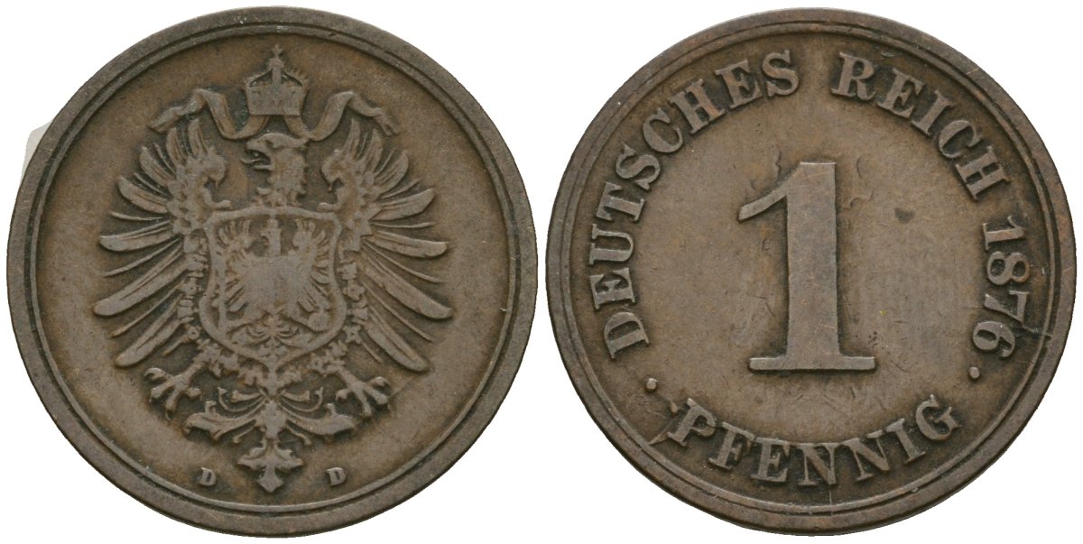 Германия 1 пфенниг 1876 D, Вильгельм I (1871-1888) KM 1, J. 1 медь 4173-1046