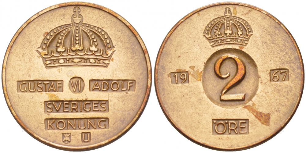 Швеция 2 эре 1967 U Густав VI Адольф (1950-1973) KM 821 бронза 4548-413