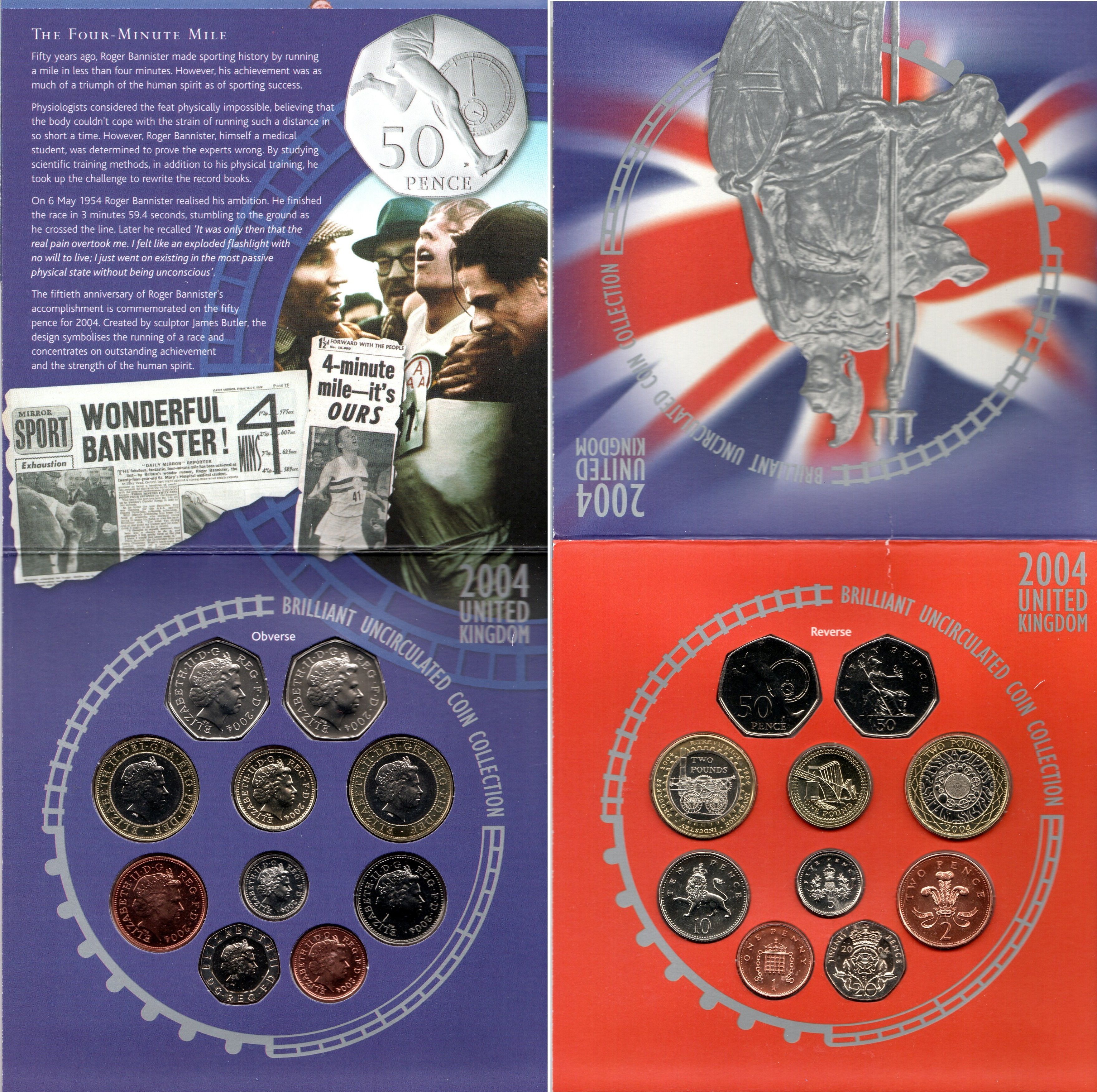 Великобритания официальный набор из 10 монет (1, 2, 5, 10, 20 и 50 пенсов; 1 и 2 фунта) 2004 в оригинальном картонном буклете, Мост Форт-Бридж в Шотландии, 50 лет рекорду в беге - миля менее чем за 4 минуты, 200 лет первому паровозу Ричарда Тревесика KM 9